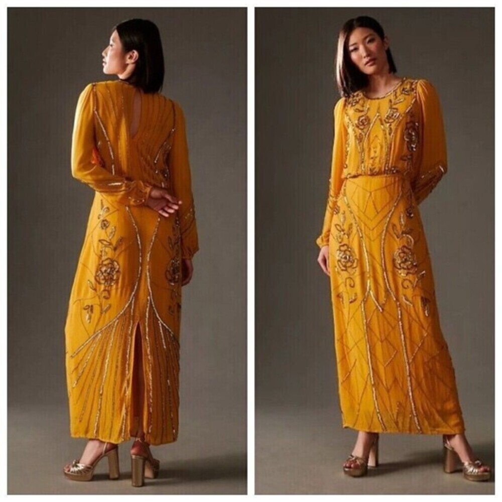 Anthropologie Let Me Be Juliet Maxi Dress XS Mustard Sequin Sheer Embellished‎ - Picture 2 of 14